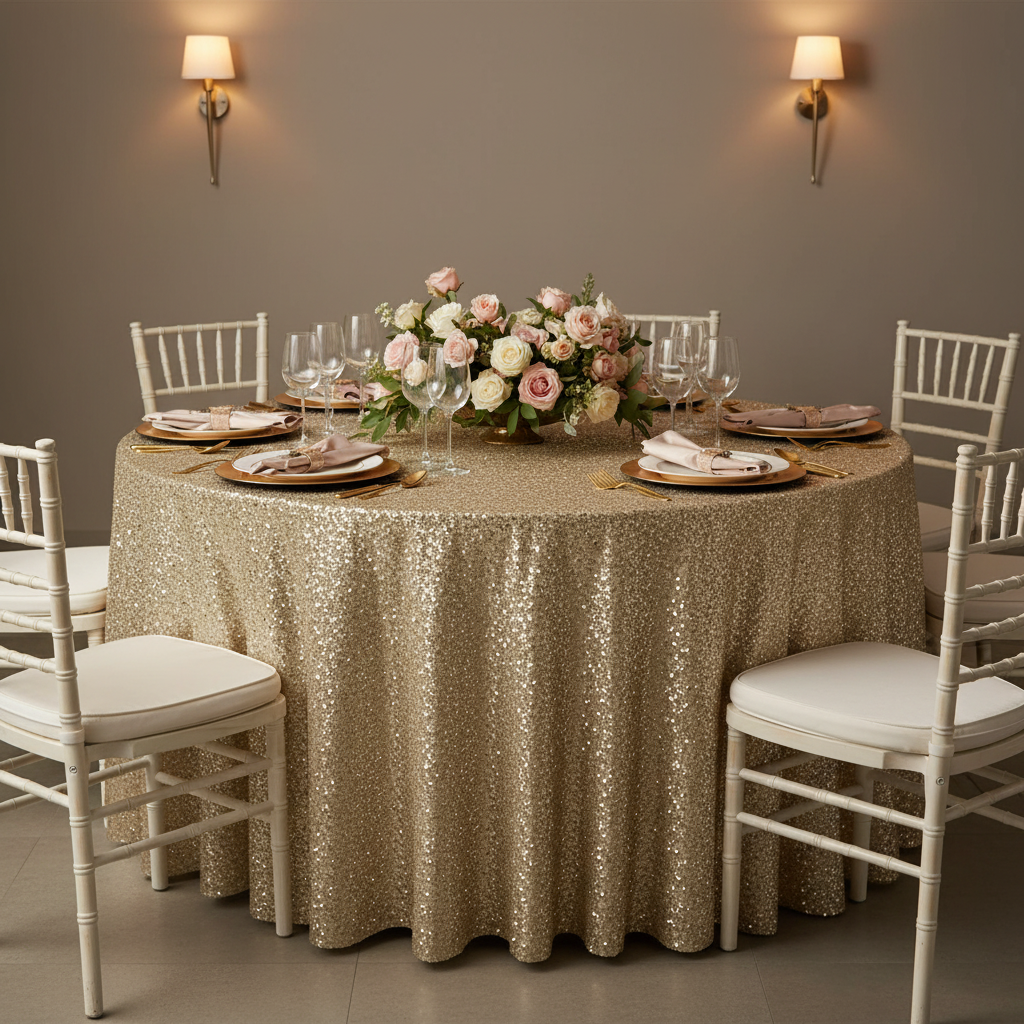 Sequin Velvet 132" Round Tablecloth - Champagne