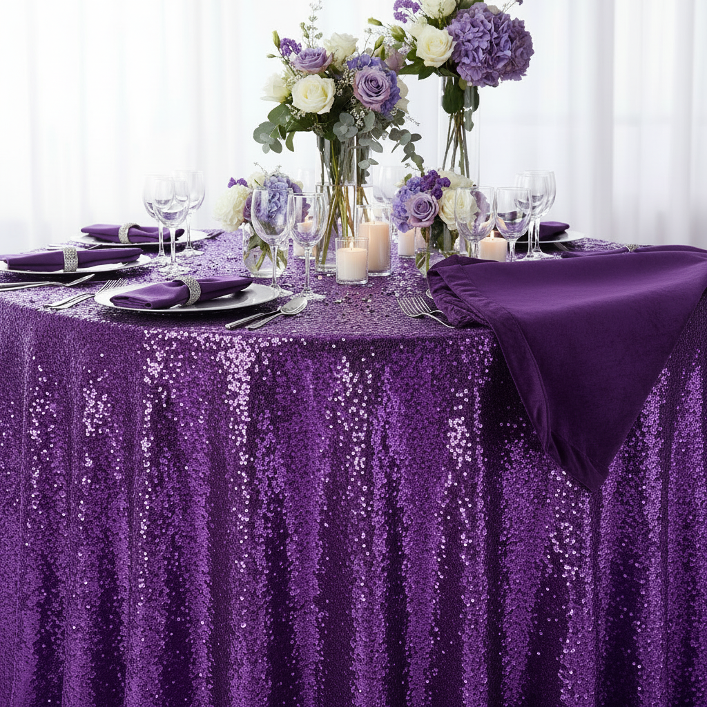 Sequin Velvet 132" Round Tablecloth - Purple