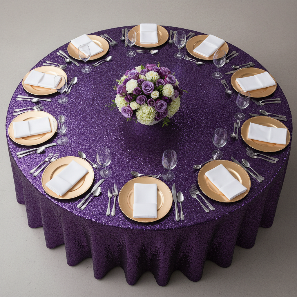 Sequin Velvet 132" Round Tablecloth - Purple