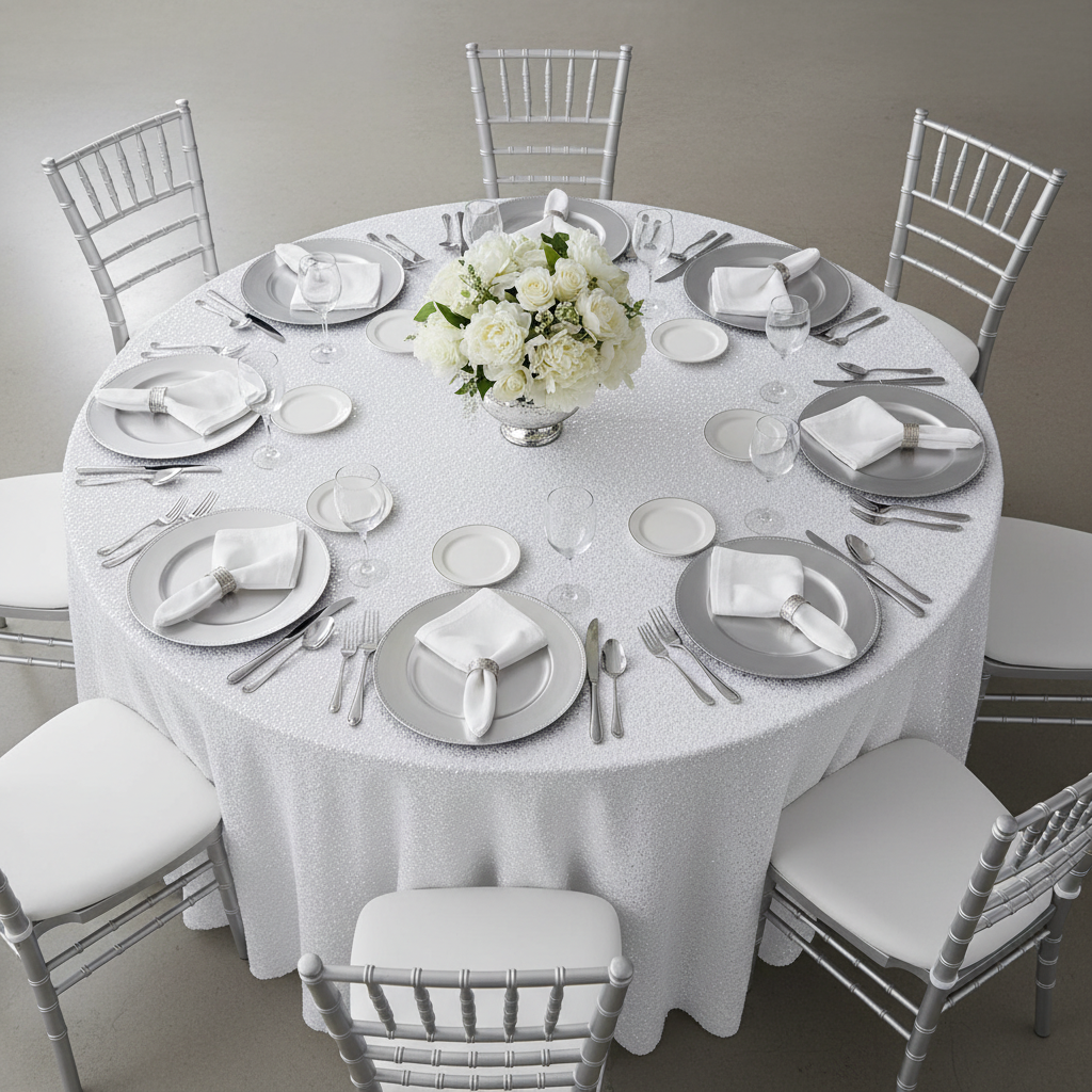 Sequin Velvet 132" Round Tablecloth - White