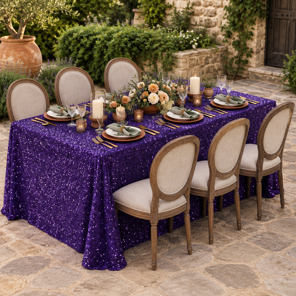 Sequin velvet rectangular tablecloth purple at a courtyard birthday dinner