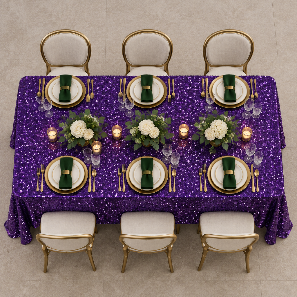 Sequin velvet rectangular tablecloth purple gala table