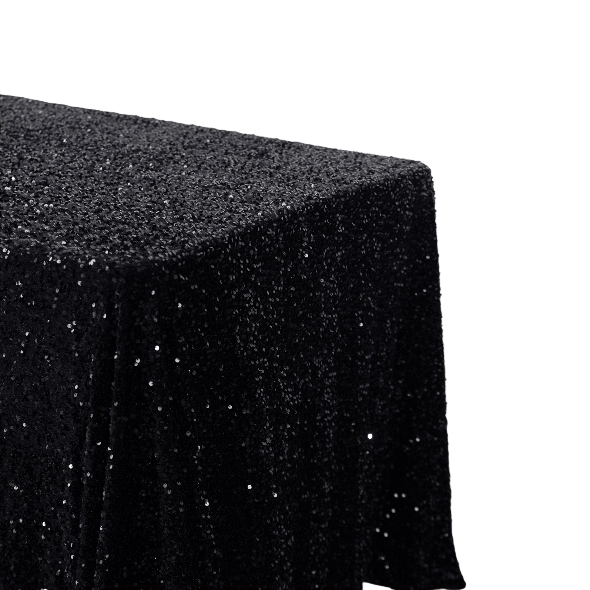 Sequin velvet black rectangular tablecloth angled close up view
