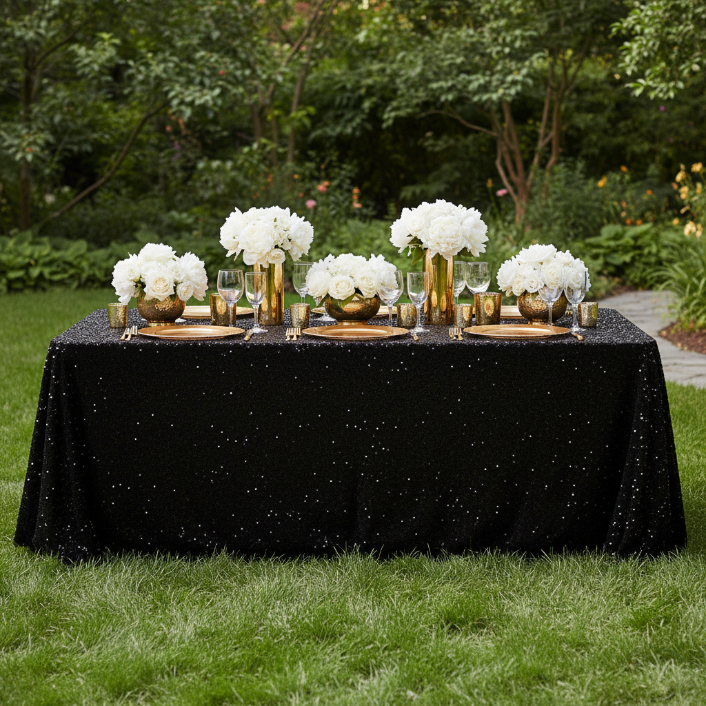 Sequin Velvet 90"x156" Rectangular Tablecloth - Black