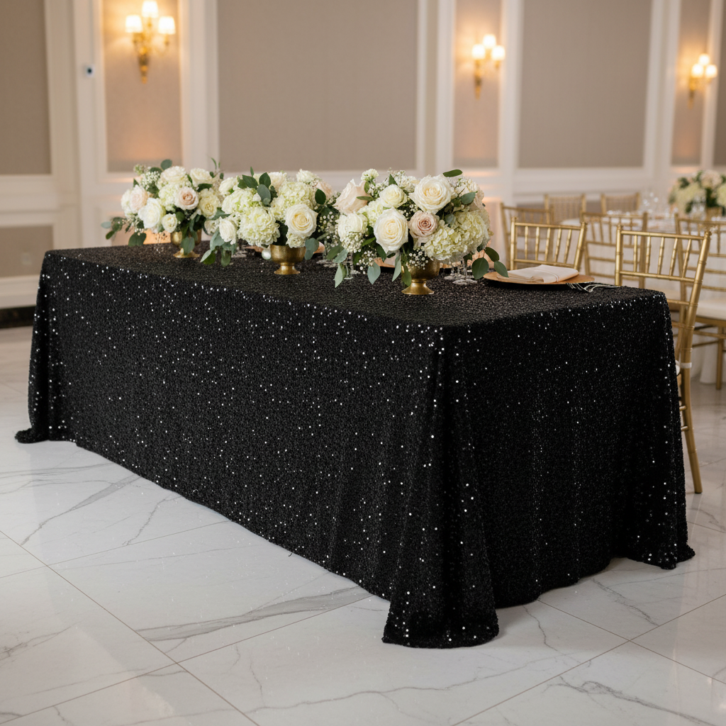 Sequin Velvet 90"x156" Rectangular Tablecloth - Black
