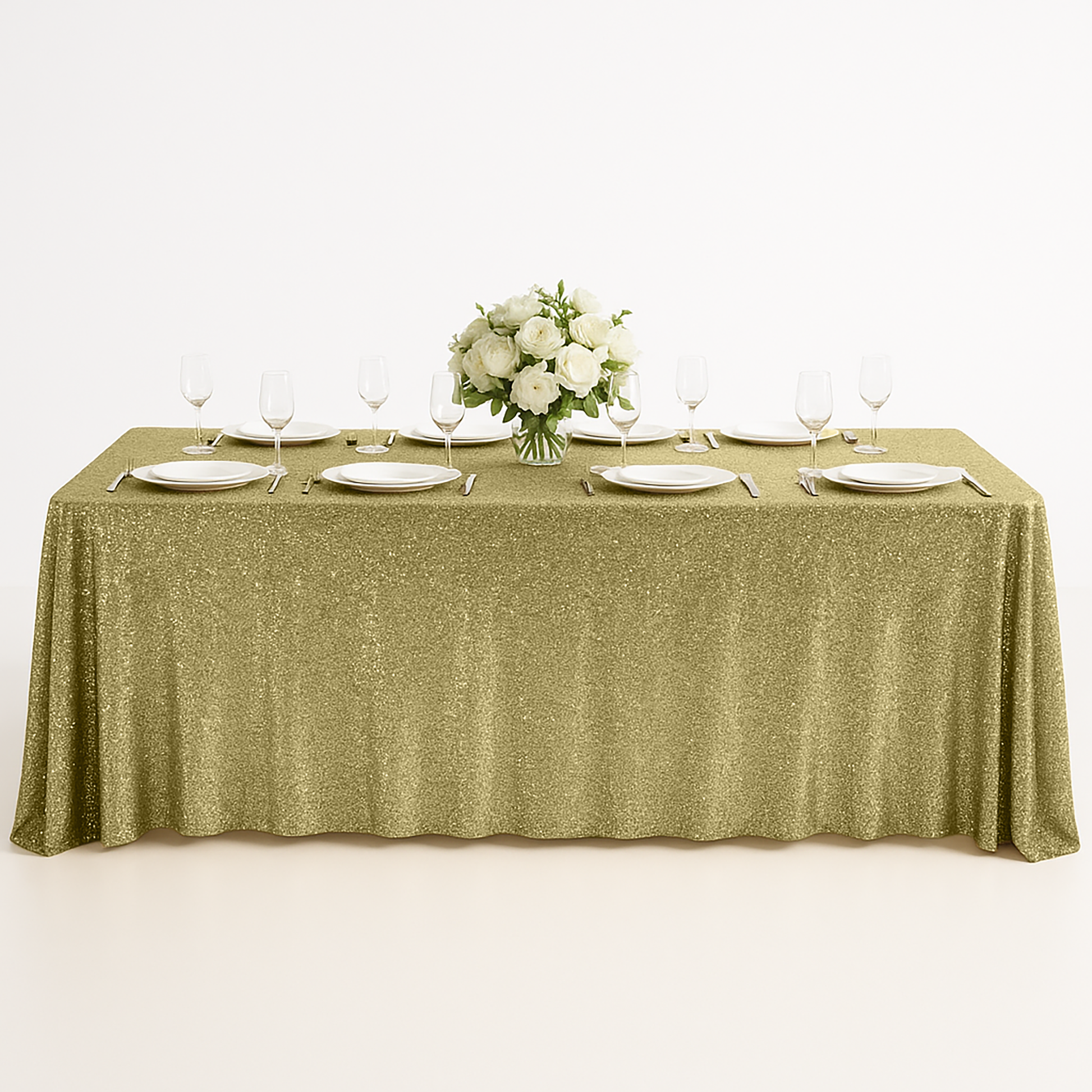 Sequin velvet  champagne rectangular tablecloth with charger plates and florals