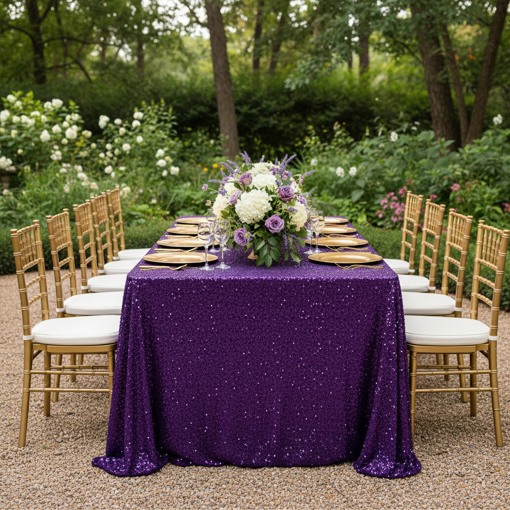 Sequin Velvet 90"x156" Rectangular Tablecloth - Purple