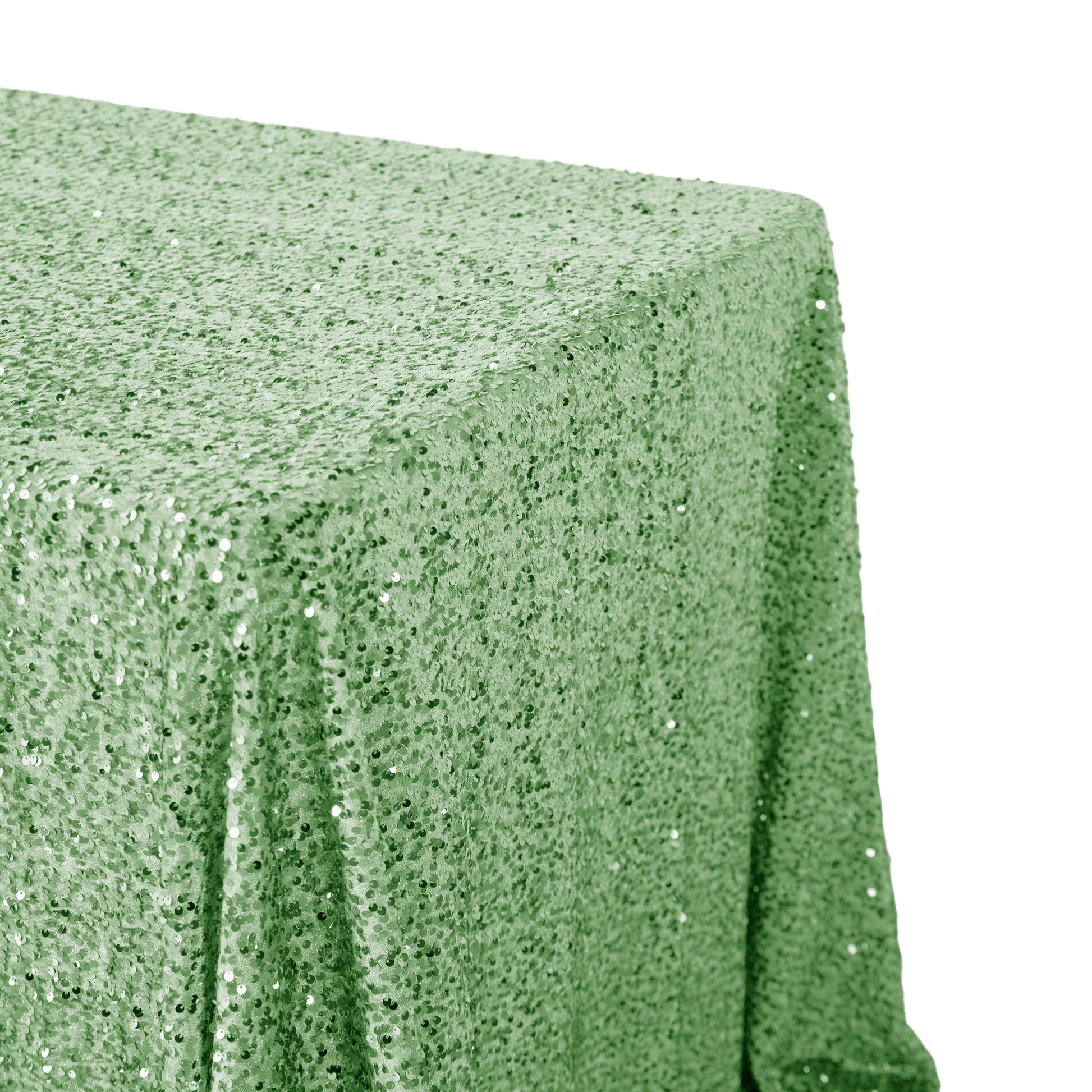Sequin velvet rectangular tablecloth sage green end view