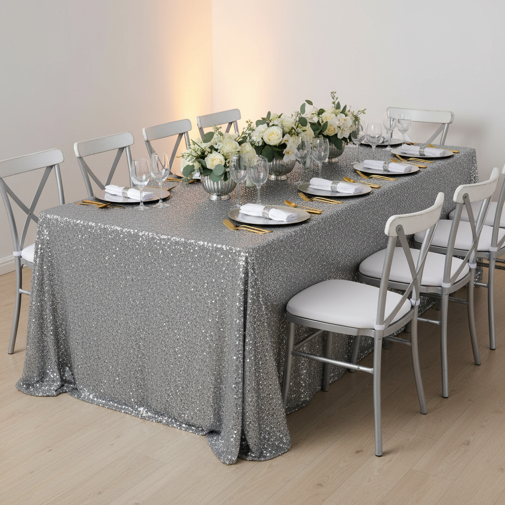 Sequin Velvet 90"x156" Rectangular Tablecloth - Silver