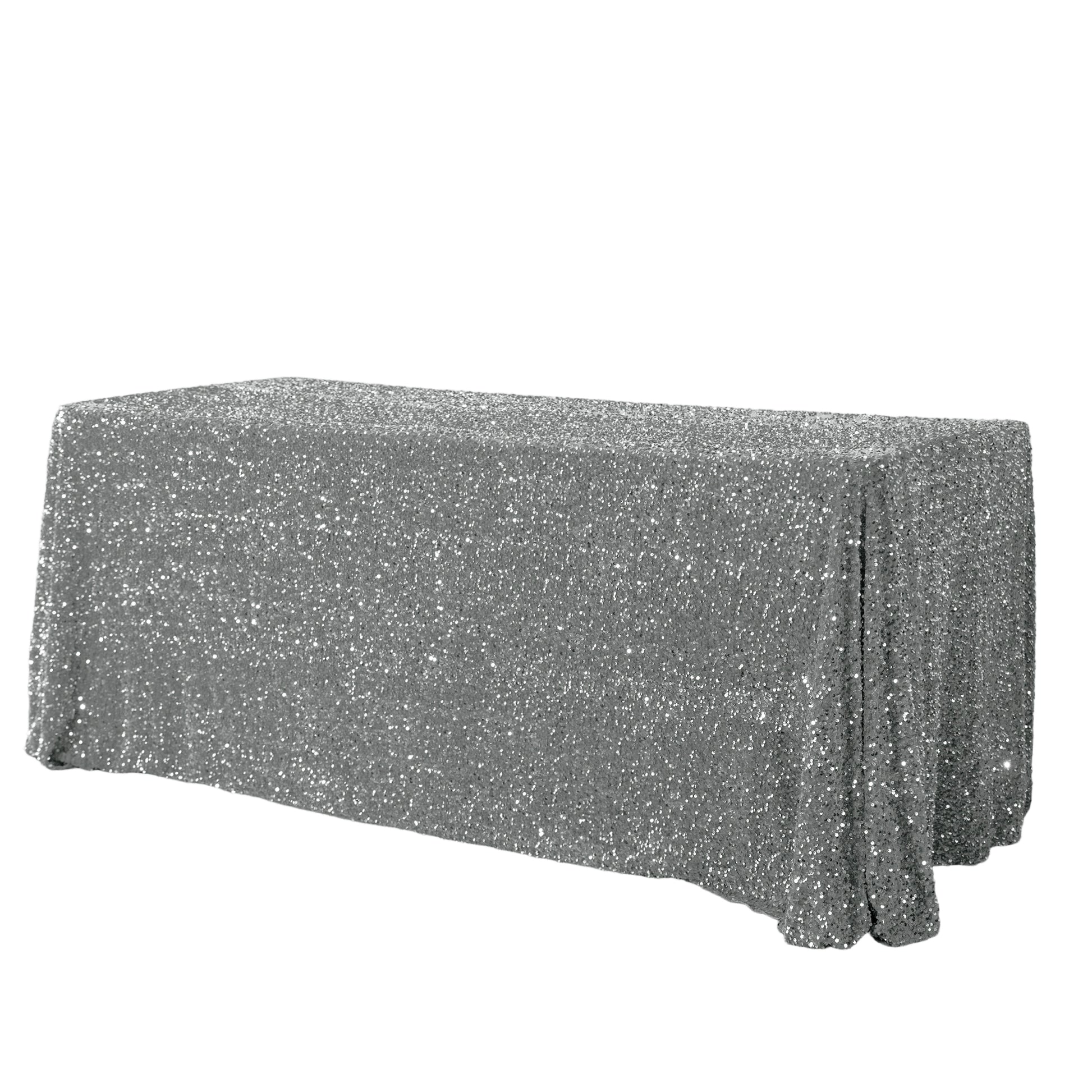 Sequin velvet rectangular tablecloth silver full view