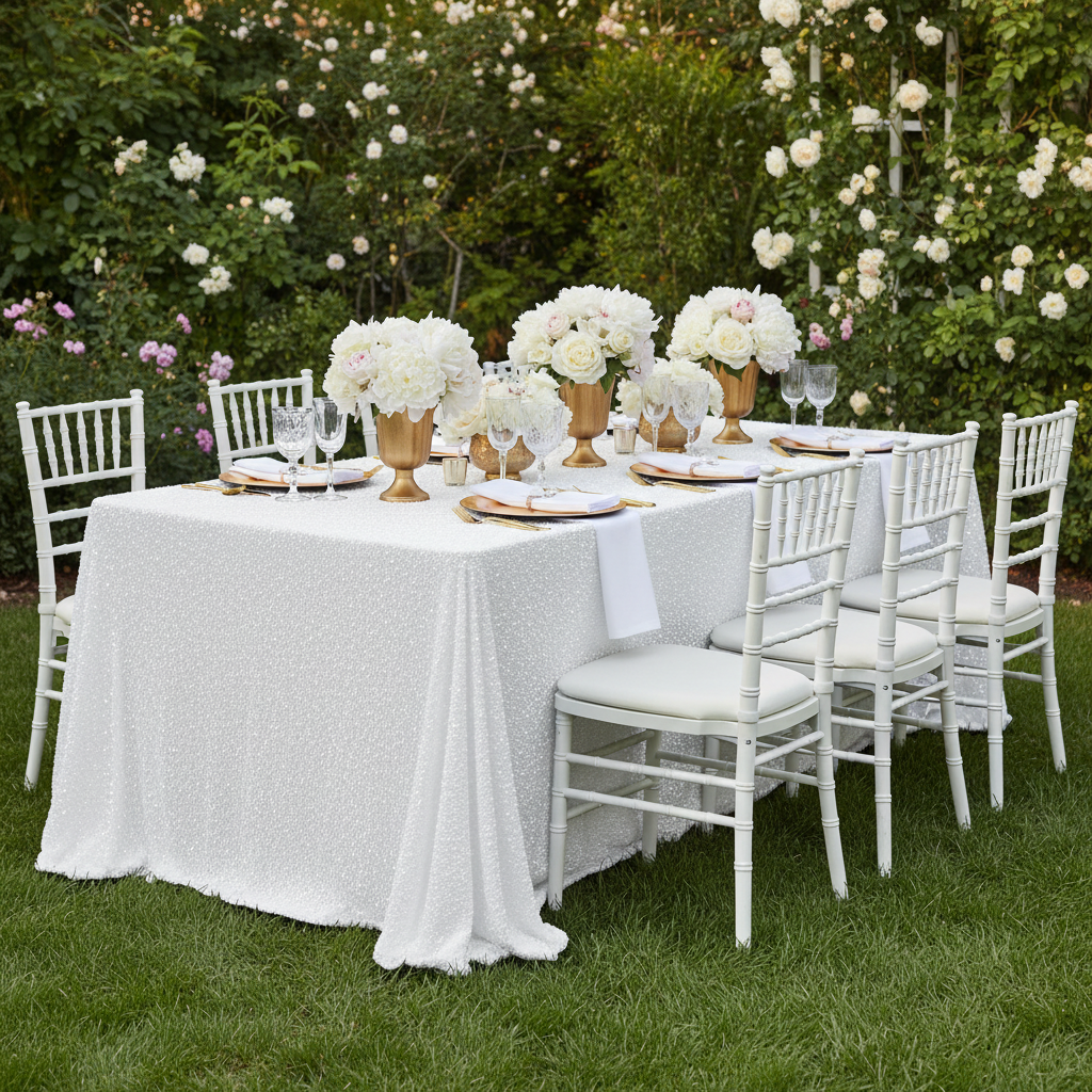 Sequin Velvet 90"x156" Rectangular Tablecloth - White
