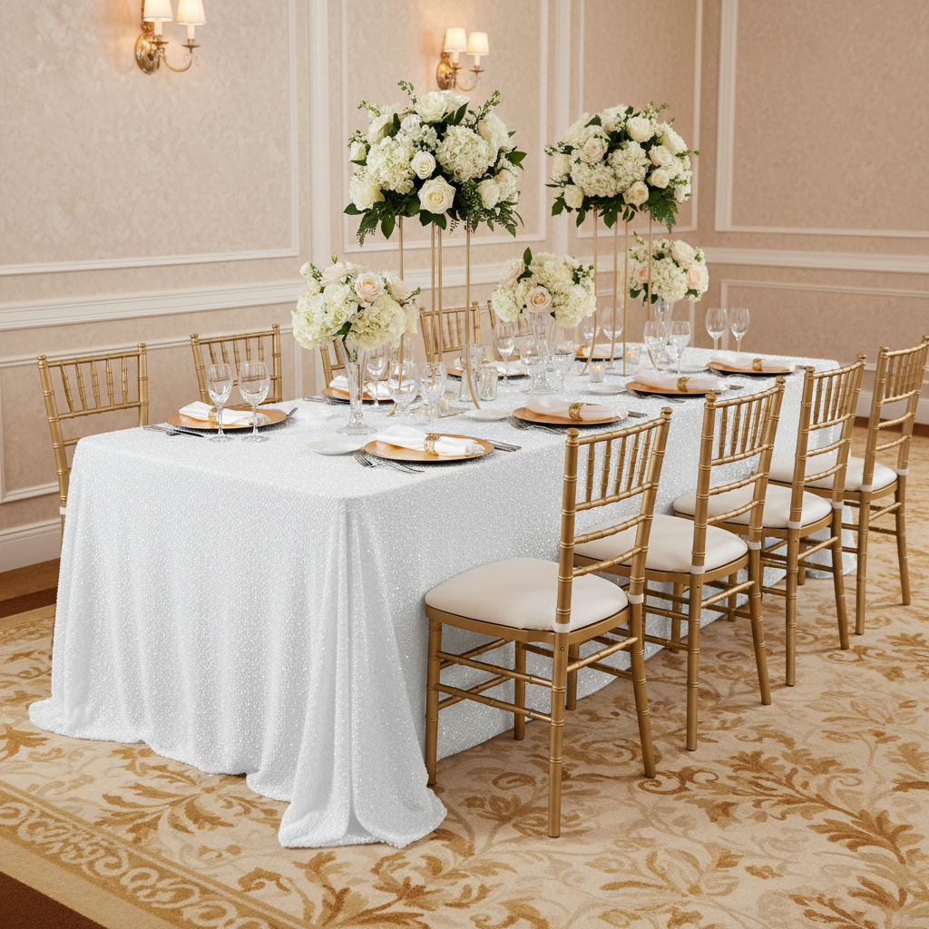 Sequin Velvet 90"x156" Rectangular Tablecloth - White