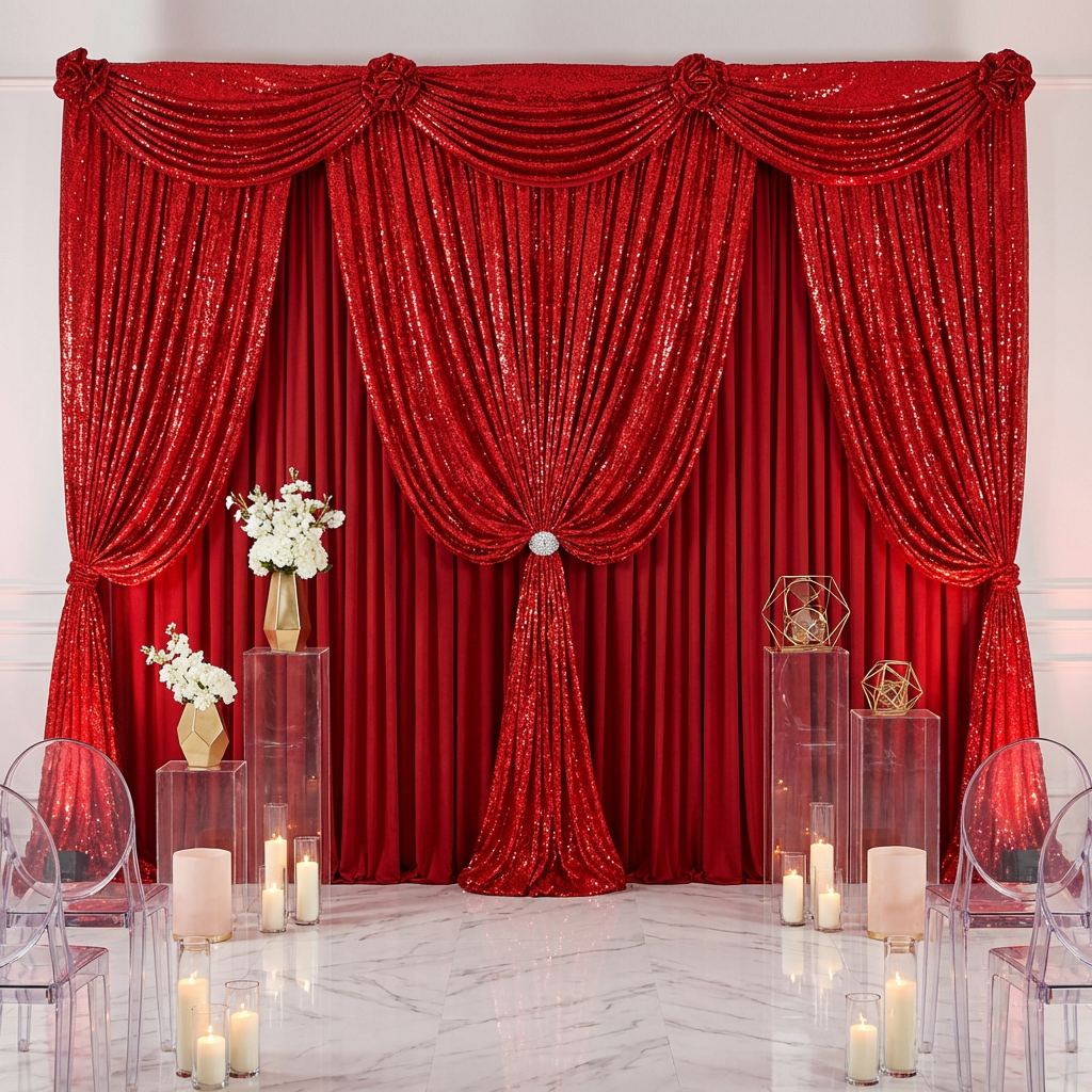 Sequin Velvet Drape/Backdrop Curtain Panel Red double draping paired with clear ssquare pedestal stands