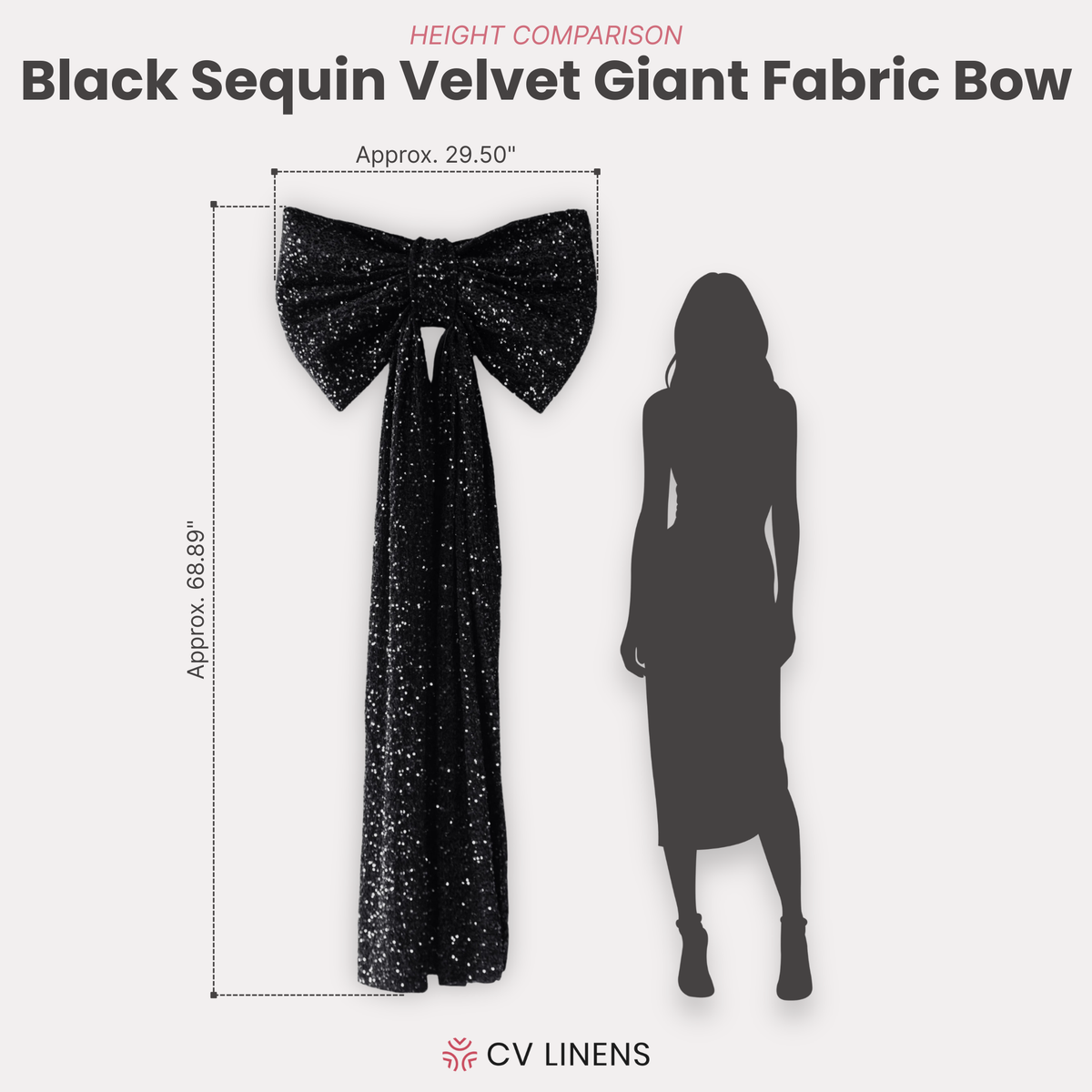 Sequin Velvet Giant Fabric Bow for Backdrop infographic showing height comparison with a person