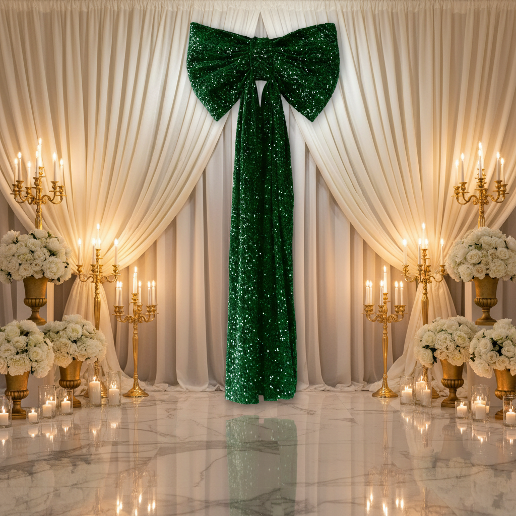 Sequin Velvet Giant Fabric Bow for Backdrop - Emerald Green Candlelight Ballroom