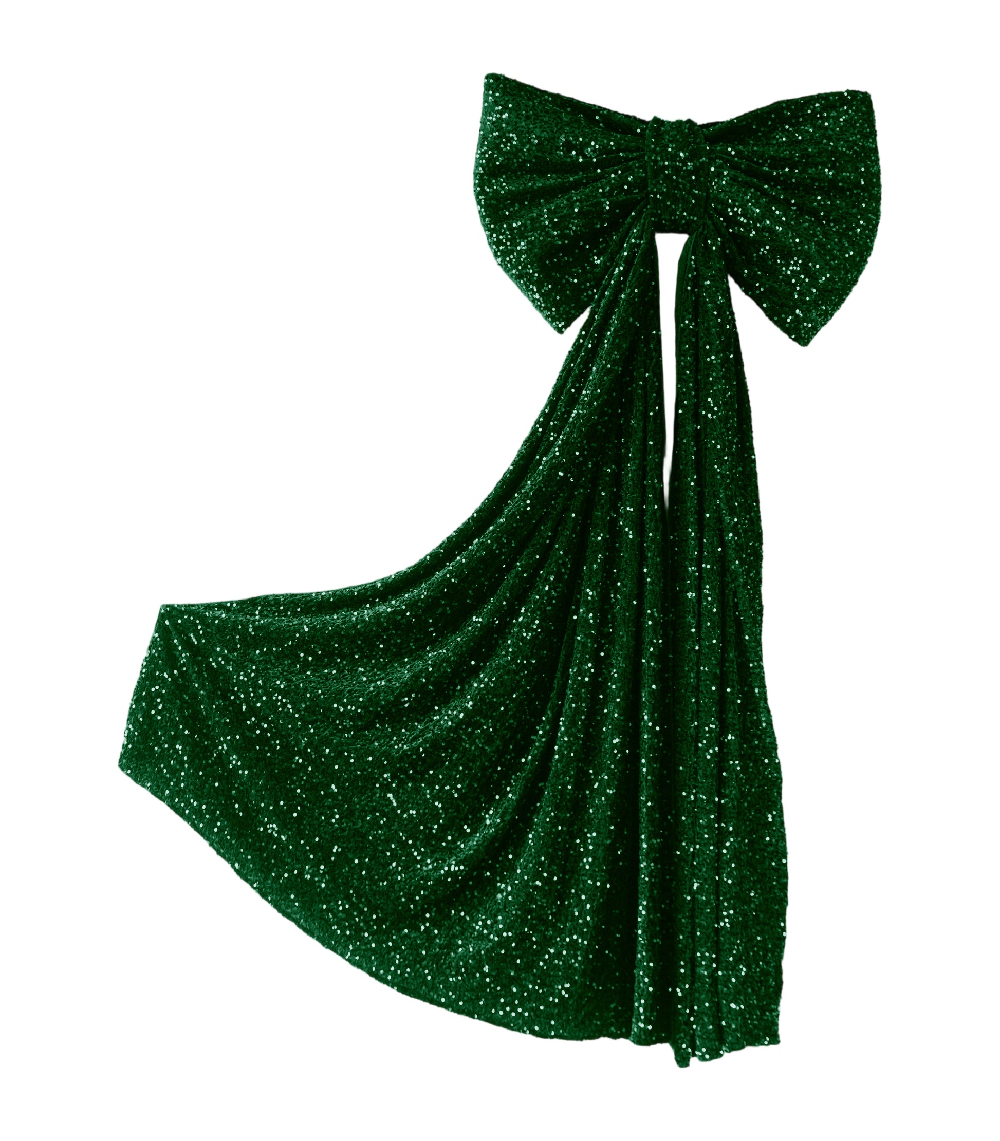 Sequin Velvet Giant Fabric Bow for Backdrop - Emerald Green, full front view with cascading tails