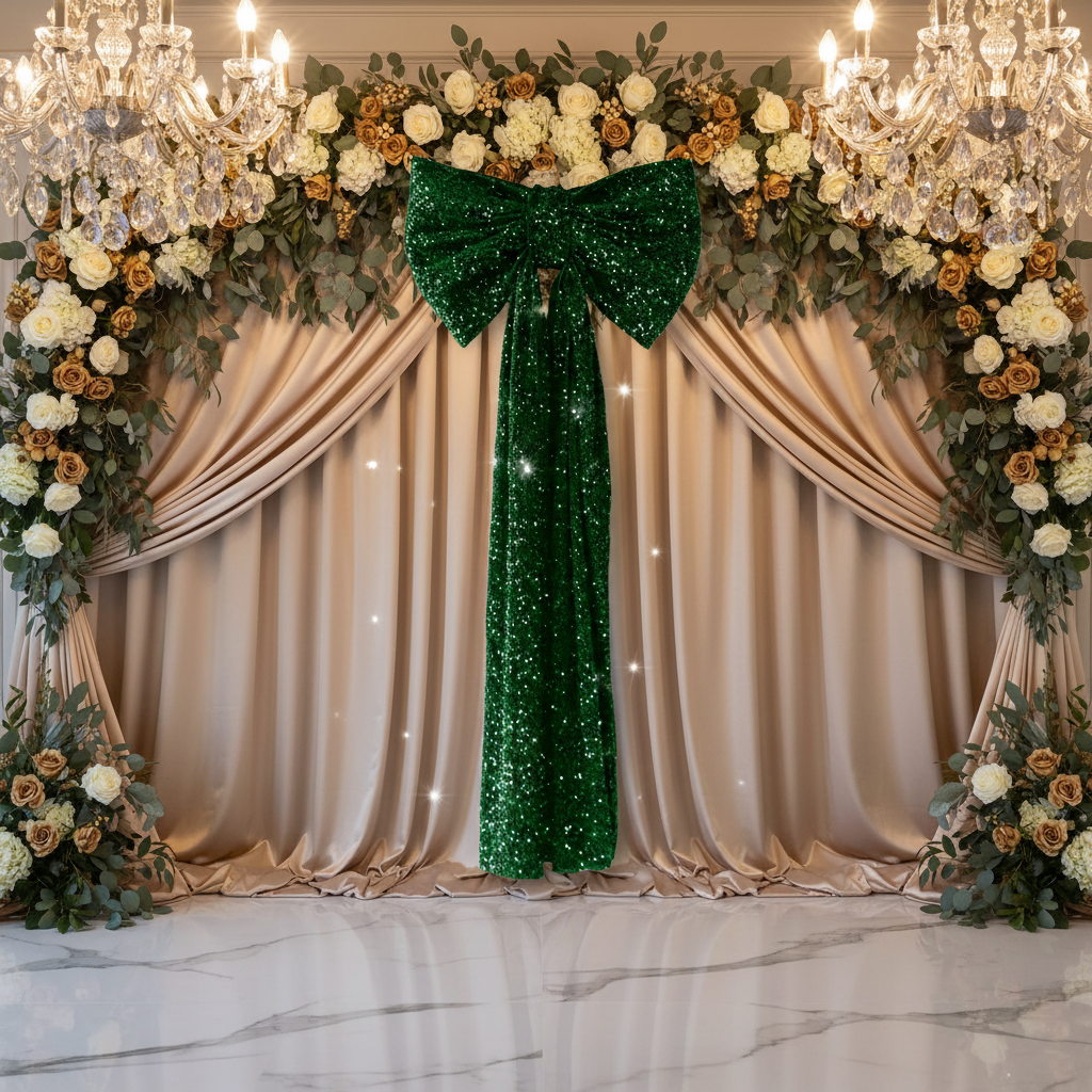 Sequin Velvet Giant Fabric Bow for Backdrop - Emerald Green, lifestyle backdrop styling