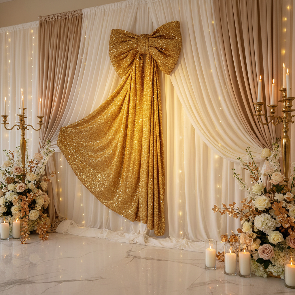Sequin Velvet Giant Fabric Bow for Backdrop – Gold Angled View