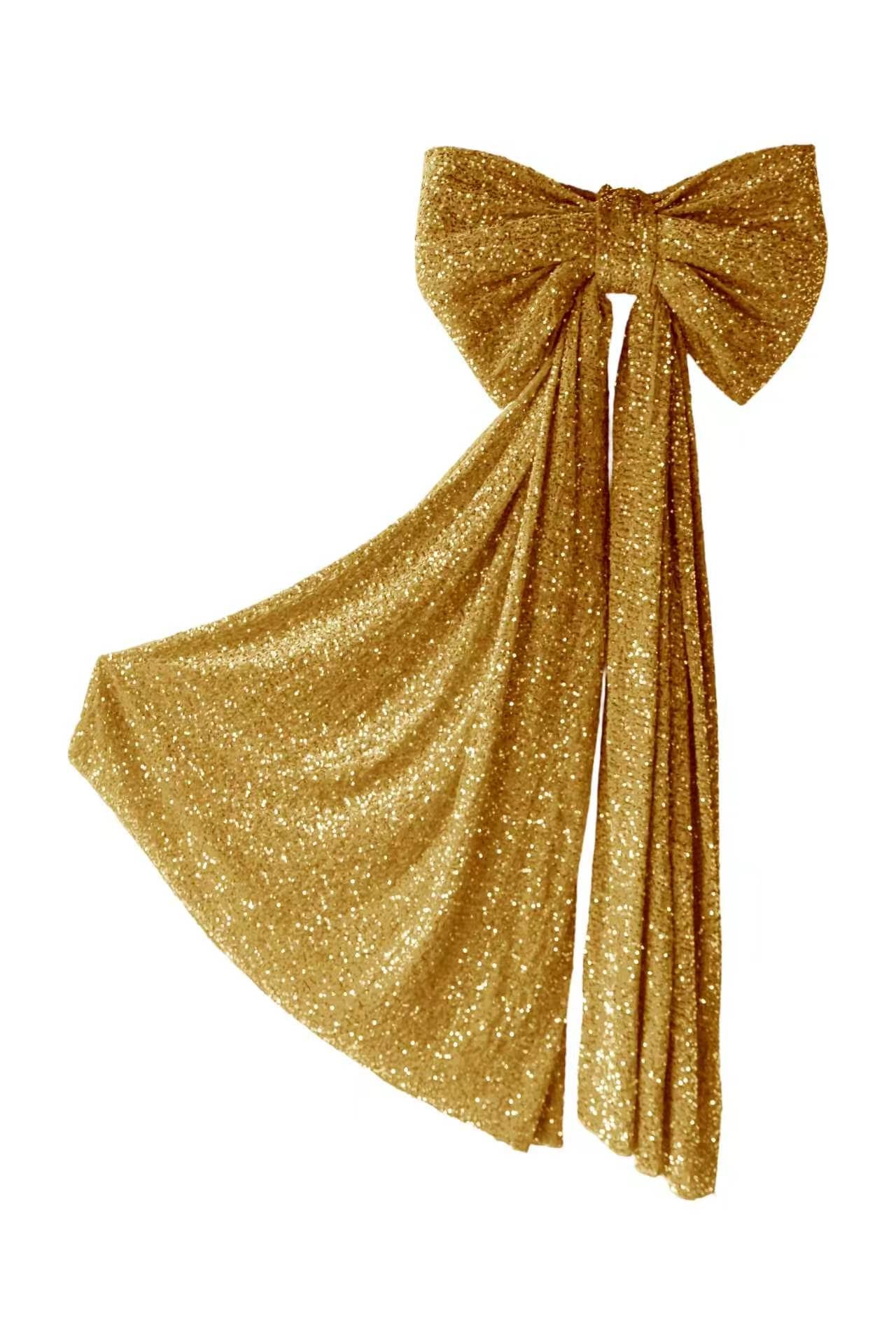 Sequin Velvet Giant Fabric Bow for Backdrop - Gold Cascading Tail