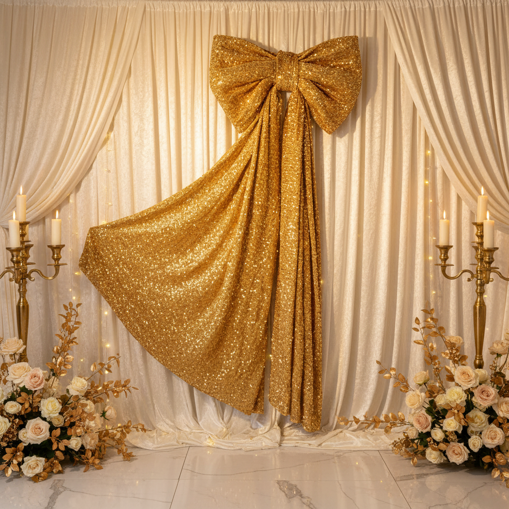 Sequin Velvet Giant Fabric Bow for Backdrop – Gold Wedding