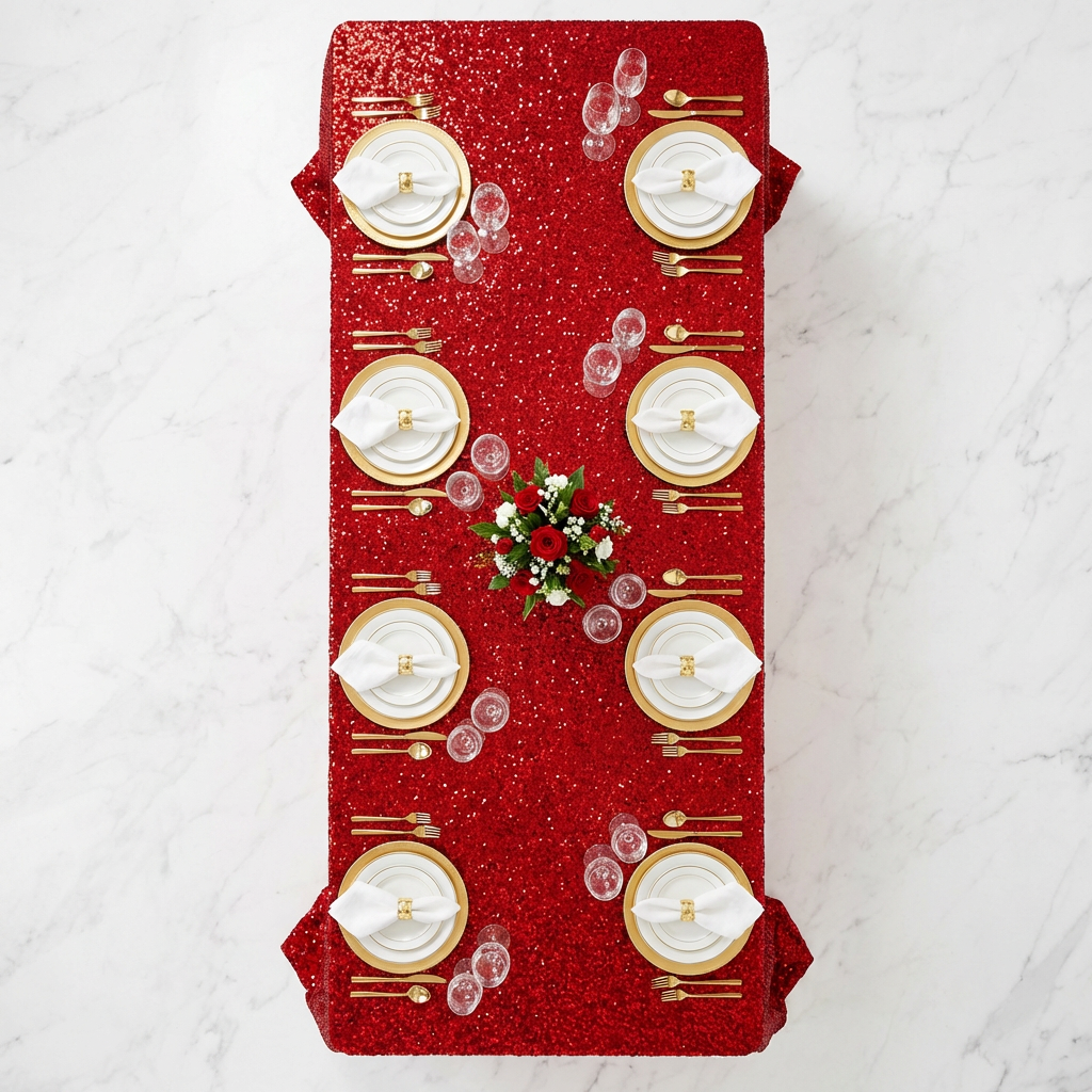birds eye view of the Sequin Velvet Rectangular Tablecloth Red with gold charger plates and white napkins 
