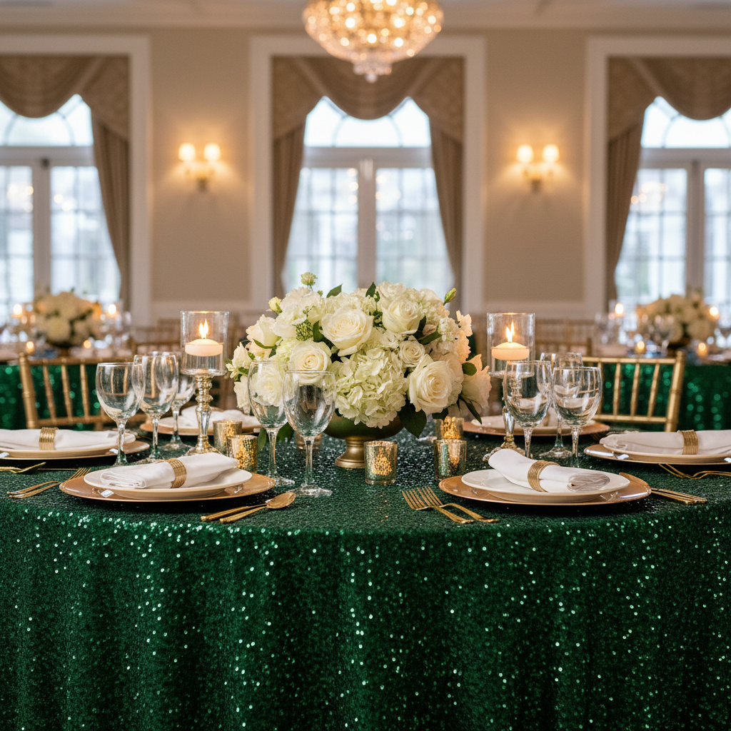 Sequin Velvet Round Tablecloth Emerald Green wedding tablescape