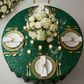 birds eye view of the Sequin Velvet Round Tablecloth Emerald Green with gold accents