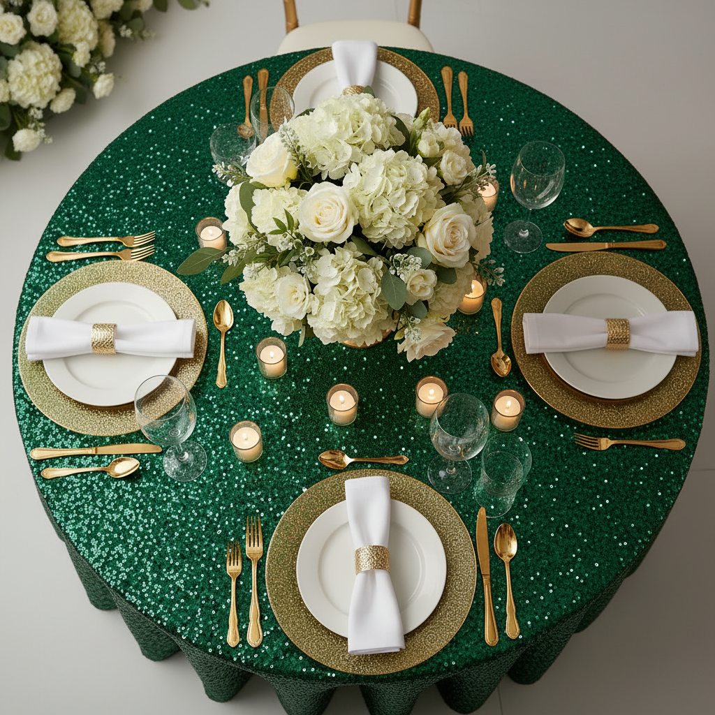 birds eye view of the Sequin Velvet Round Tablecloth Emerald Green with gold accents