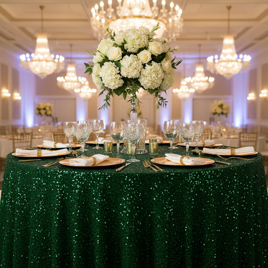 Sequin Velvet Round Tablecloth Emerald Green tablescape for wedding