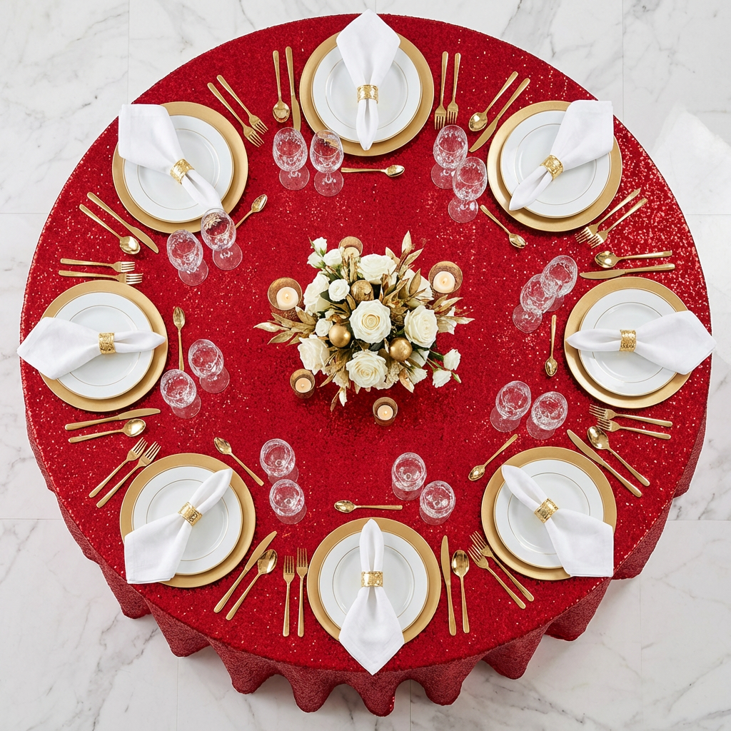 birds eye view of the Sequin Velvet Round Tablecloth Red with gold charger plates, water goblets and floral centerpiece