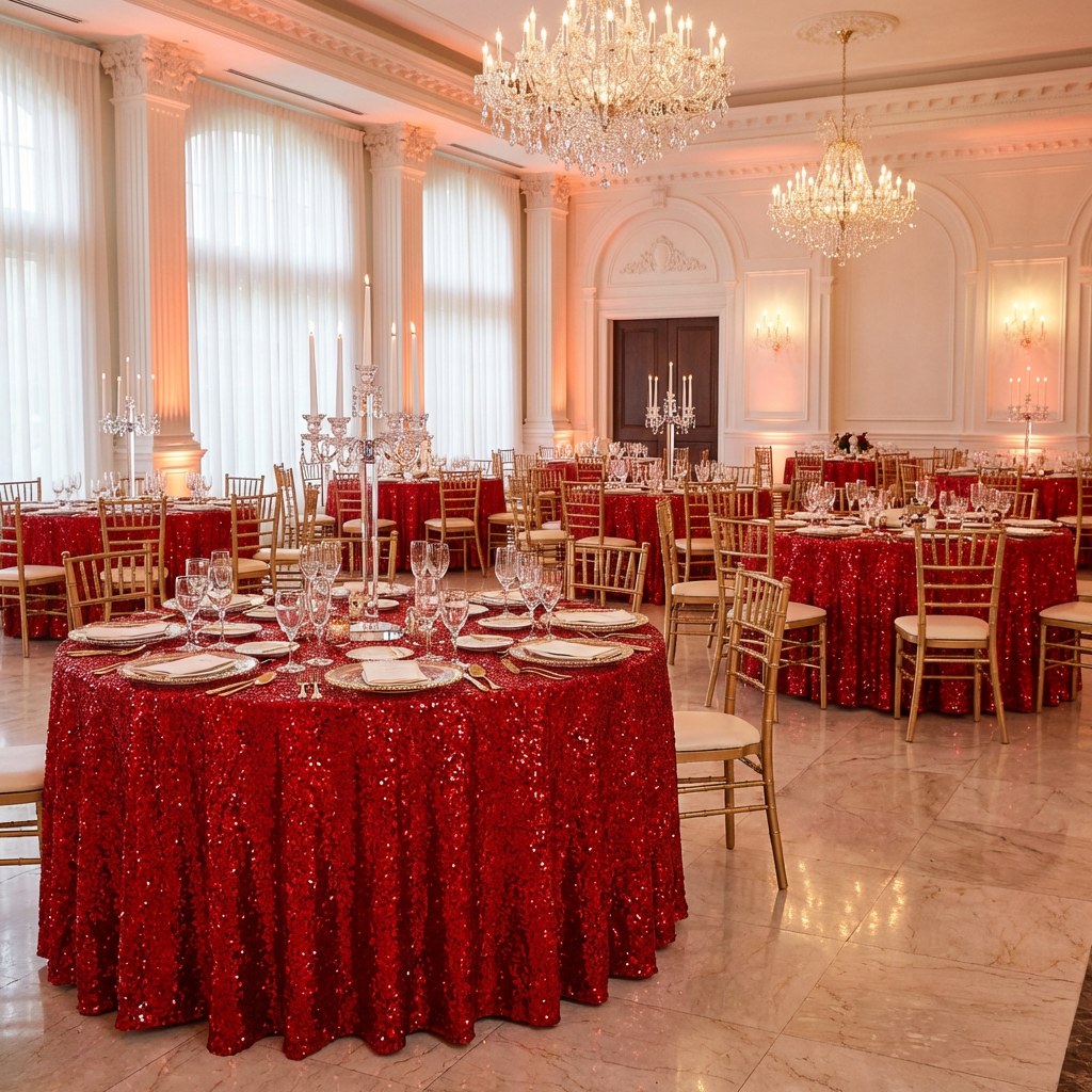 Sequin Velvet Round Tablecloth Red with gold charger plates, water goblets and gold chiavari chairs