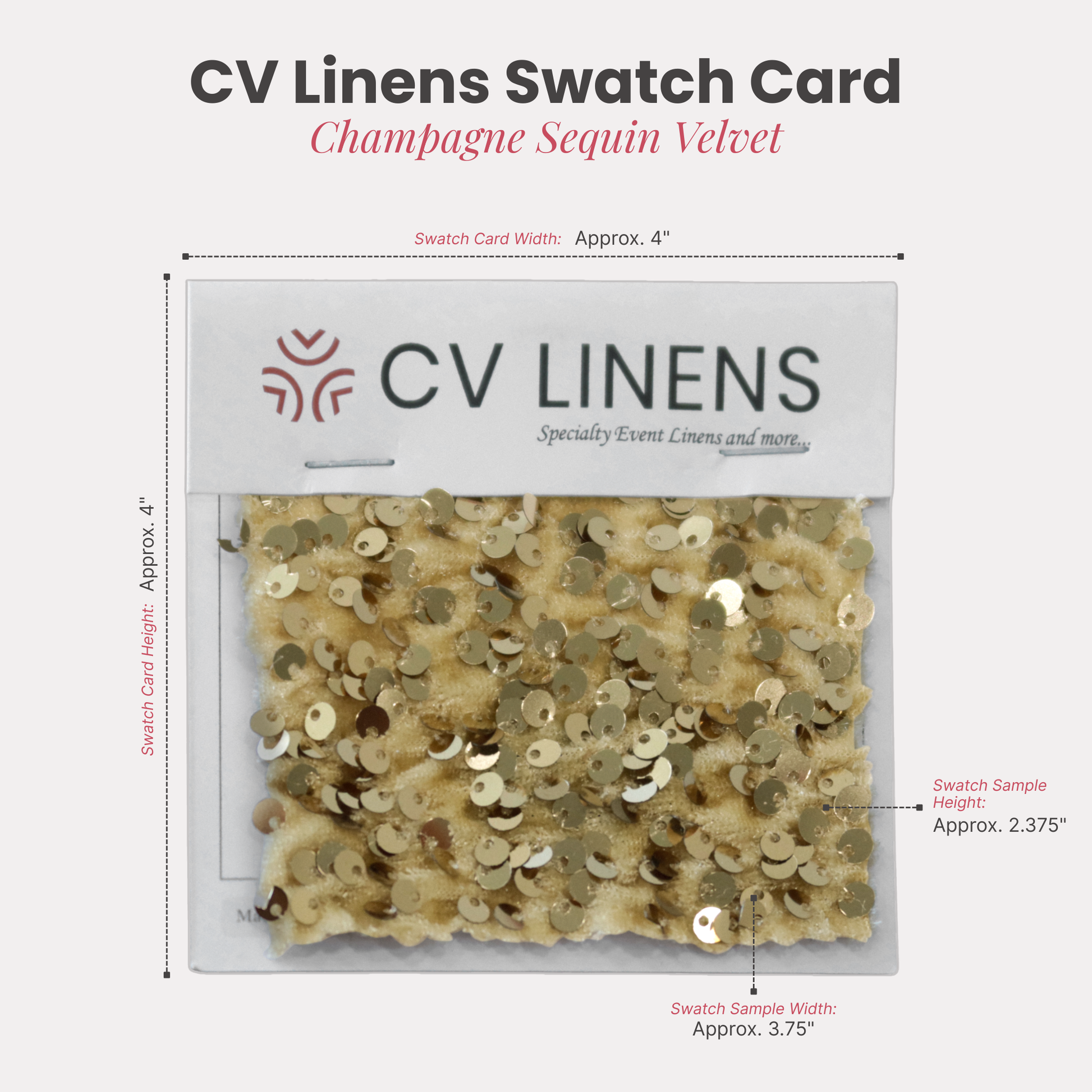 Sequin Velvet Swatch Card Champagne infographic showing swtch size