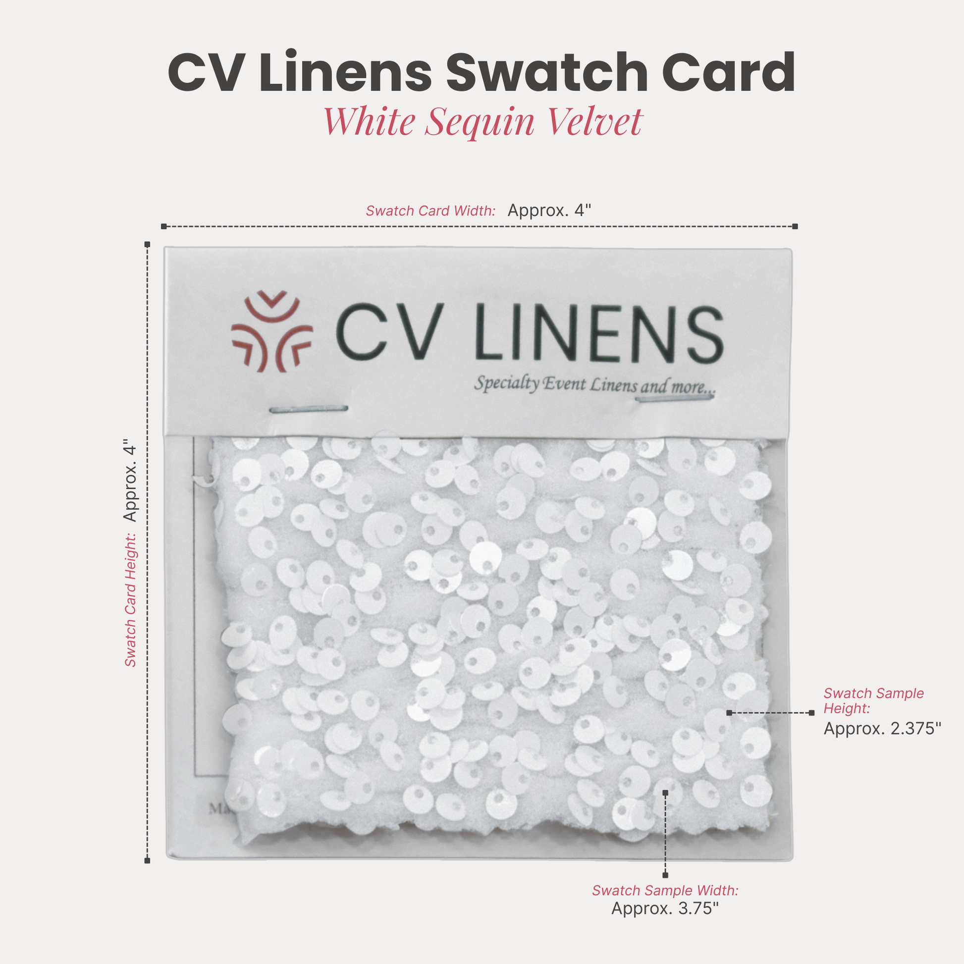 Sequin Velvet Swatch Card White infographic showing swatch size