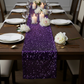 Sequin Velvet Table Runner Purple on a rectangular table with white dinner plates and pillar candles