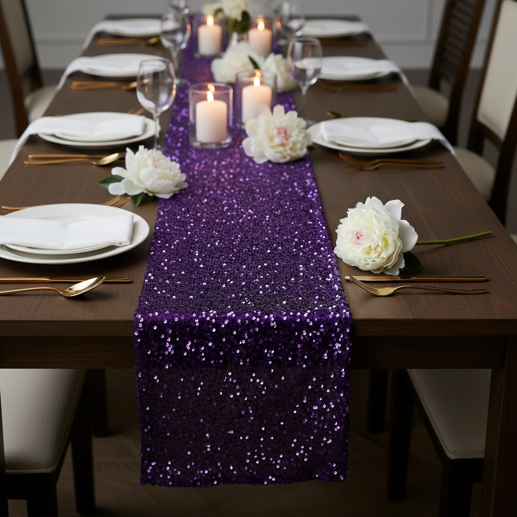 Sequin Velvet Table Runner Purple on a rectangular table with white dinner plates and pillar candles