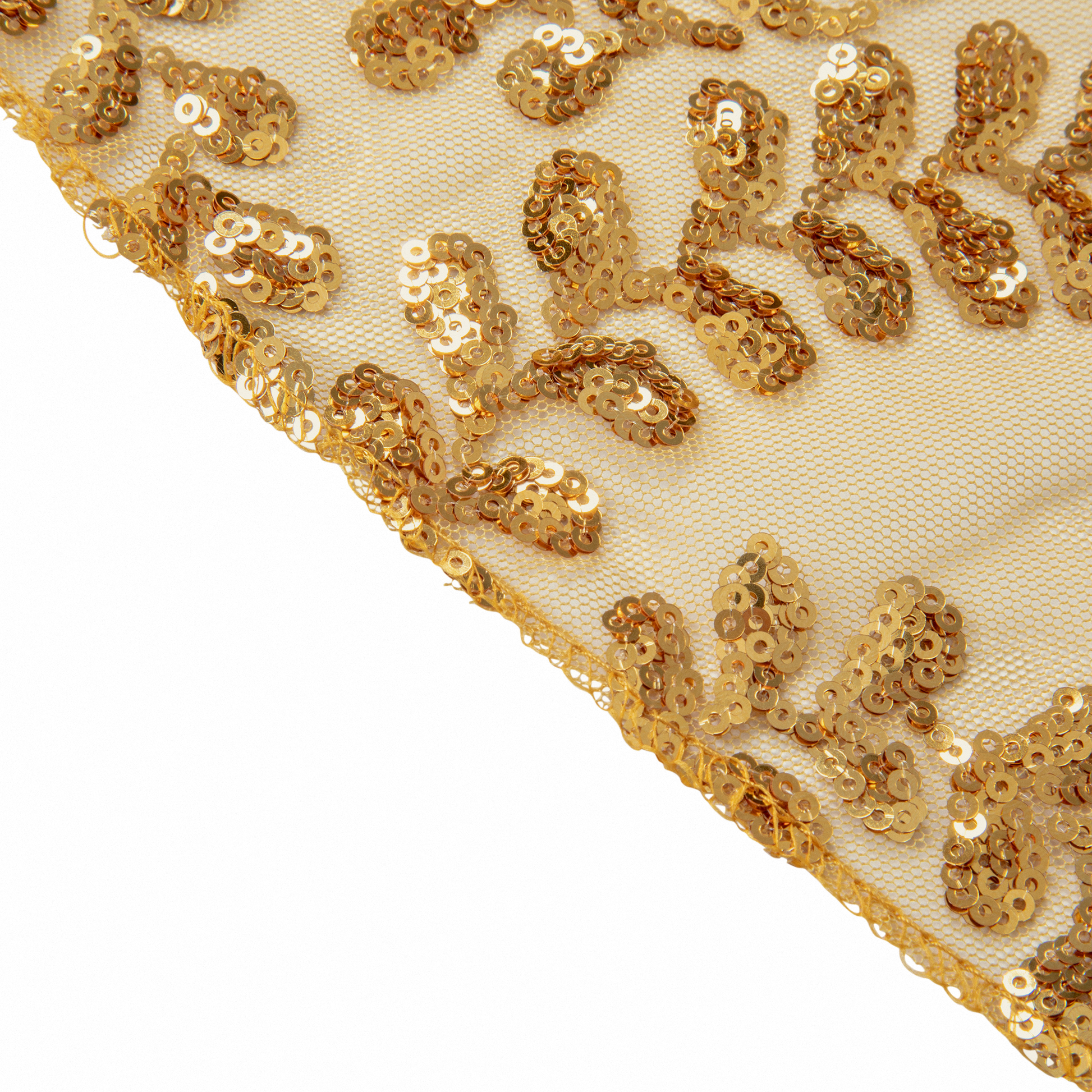 Sequin Vine Table Overlay Topper 90"x90" Square Gold edge finish close up