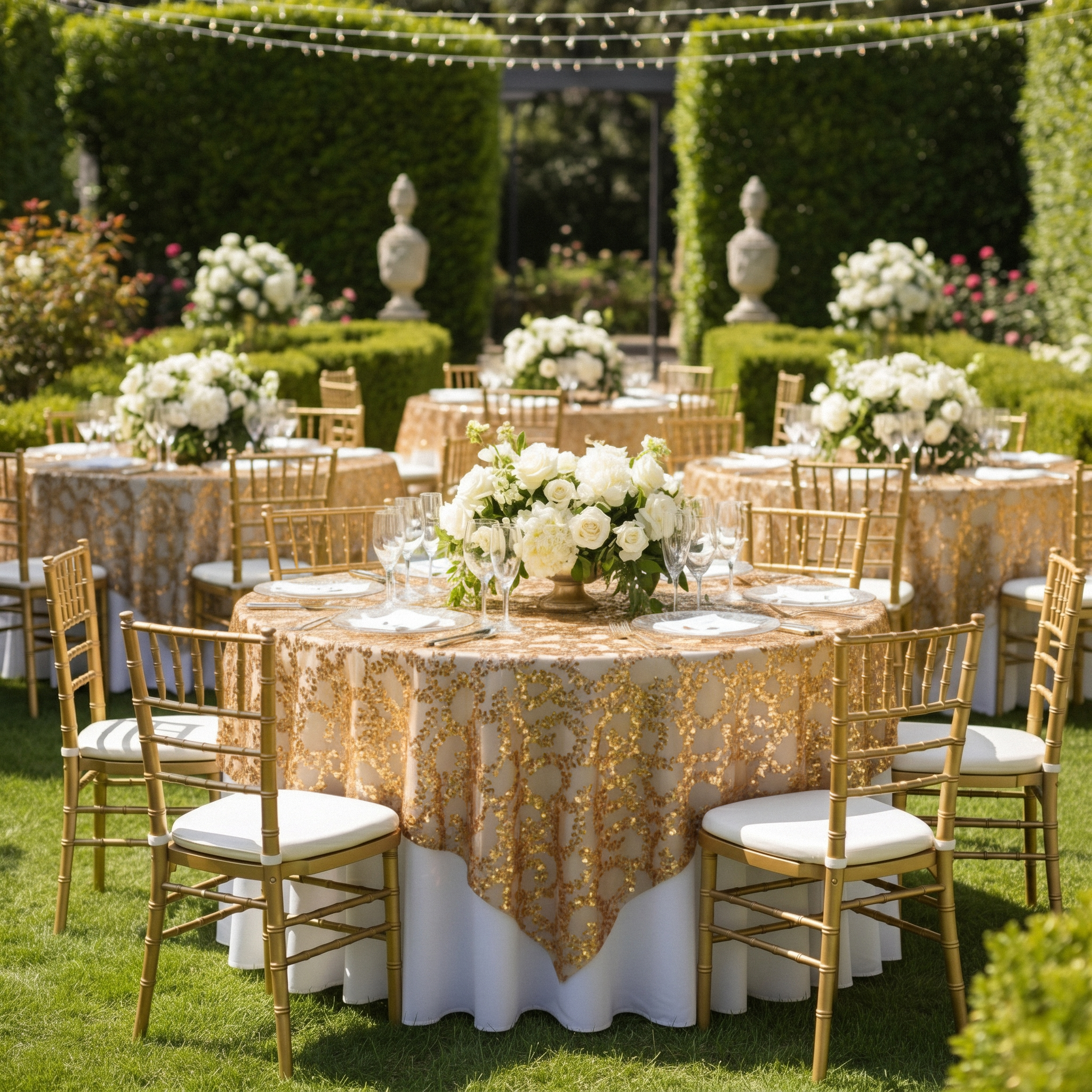 outdoor reception with the Sequin Vine Table Overlay Topper 90