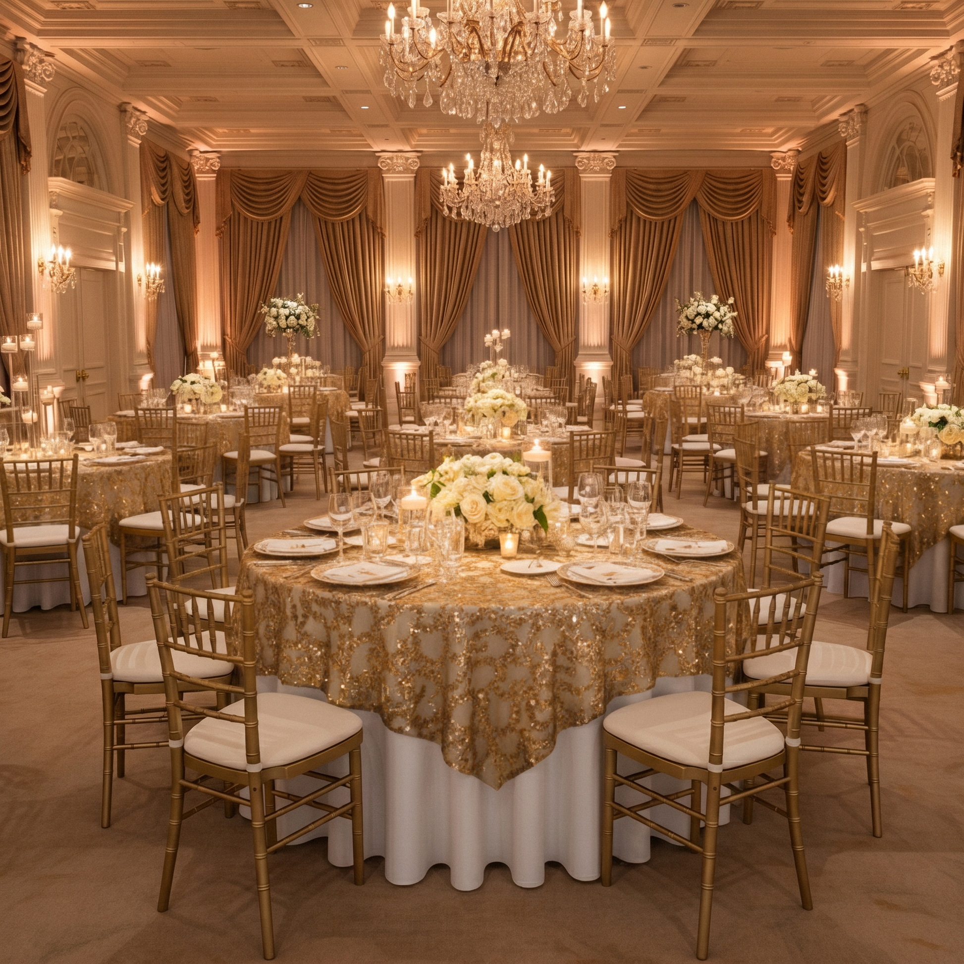Sequin Vine Table Overlay Topper 90"x90" Square Gold - Wedding Reception