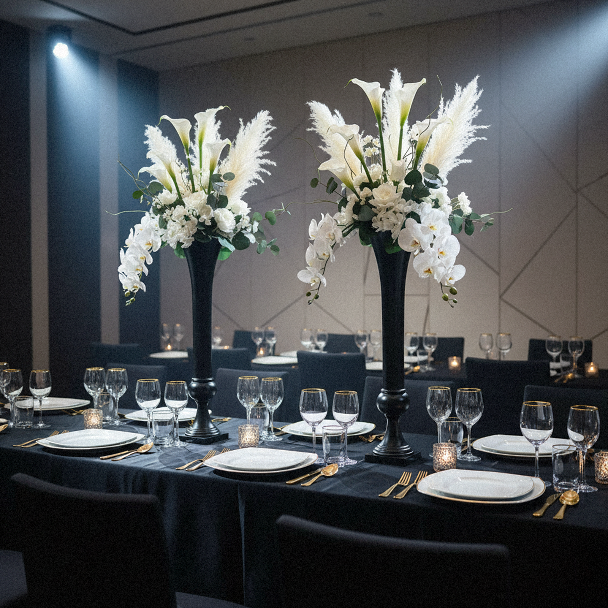 Set of 2 Metal Trumpet Centerpiece Vases Black  with gold utensils, white charger plates and white florals