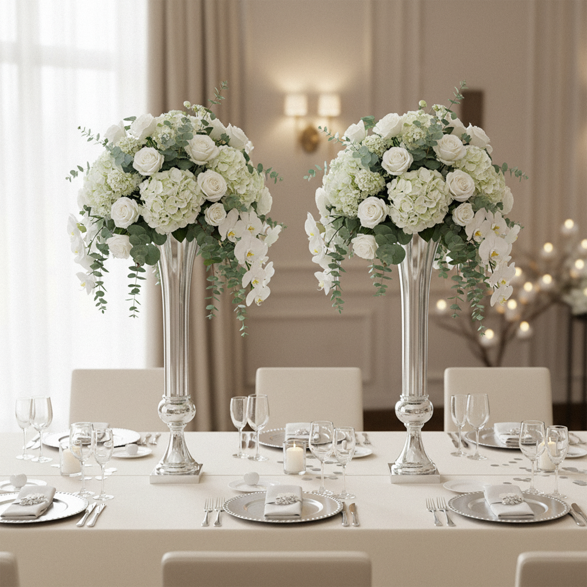 Silver Set of 2 Metal Trumpet Centerpiece Vases Size: 39 in | Wedding | Event