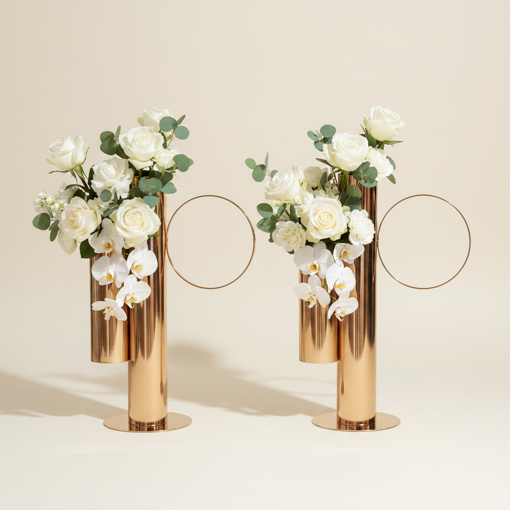Set of 2 Modern Double Tube Floral Centerpiece Stand - Gold