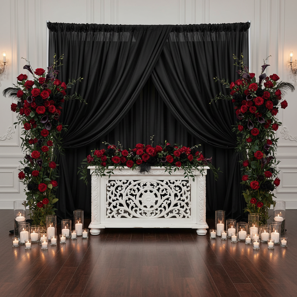 Sheer Voile Flame Retardant (FR) 10ft H x 118" W Drape/Backdrop Curtain Panel - Black  | upright | crossbar | bases |
