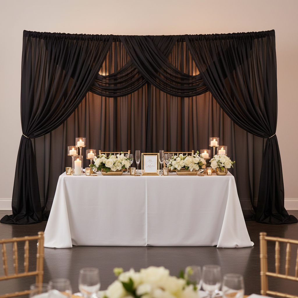 Sheer Voile Flame Retardant (FR) 10ft H x 118" W Drape/Backdrop Curtain Panel - Black  | upright | crossbar | bases |
