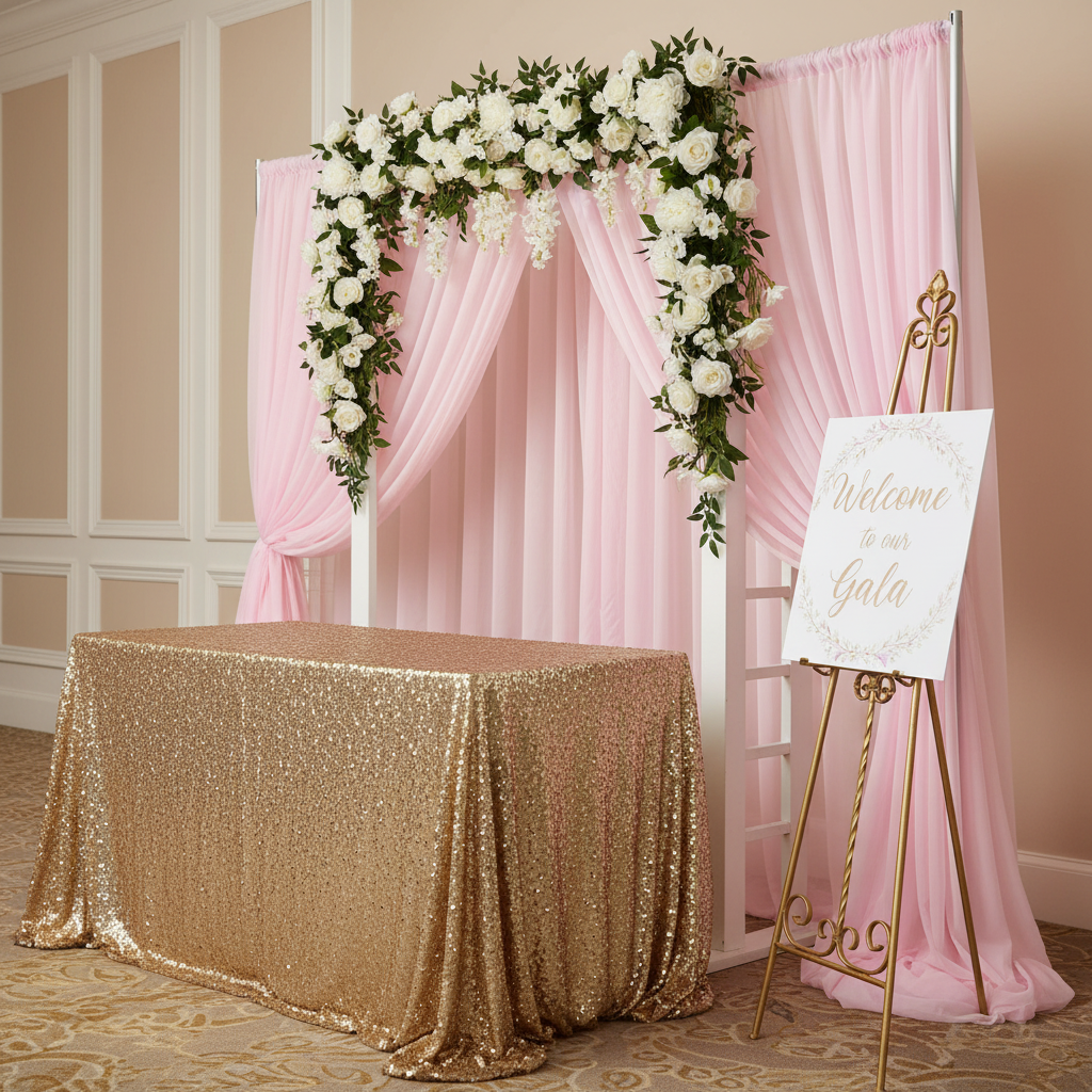 Sheer Voile Flame Retardant (FR) 10ft H x 118" W Drape/Backdrop Curtain Panel - Pink | uprights | crossbars | bases | flower premade runners | 