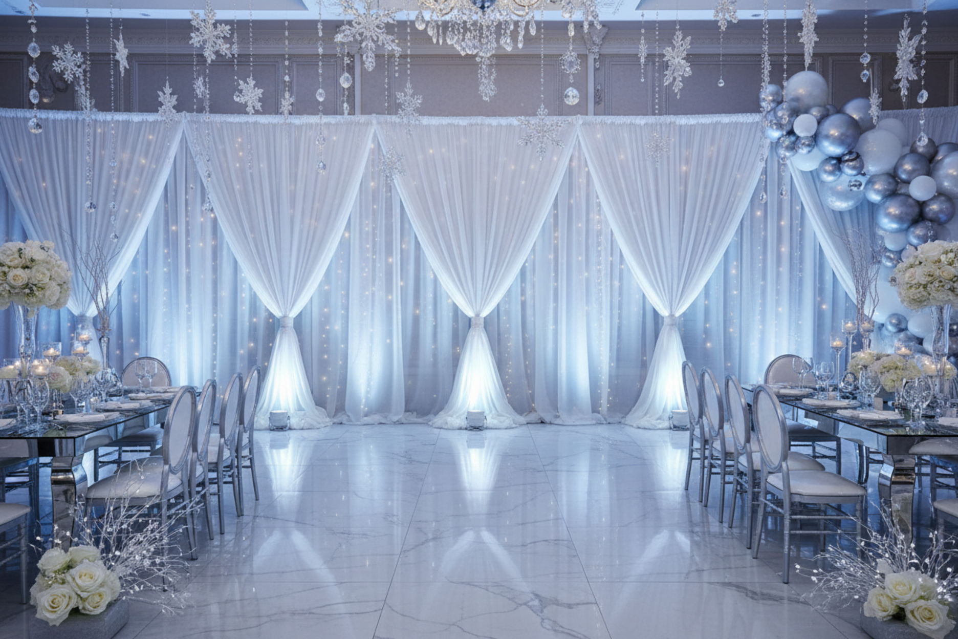 quinceañera with Sheer Voile Flame Retardant (FR) 10ft H x 118" W Drape/Backdrop Curtain Panel - White