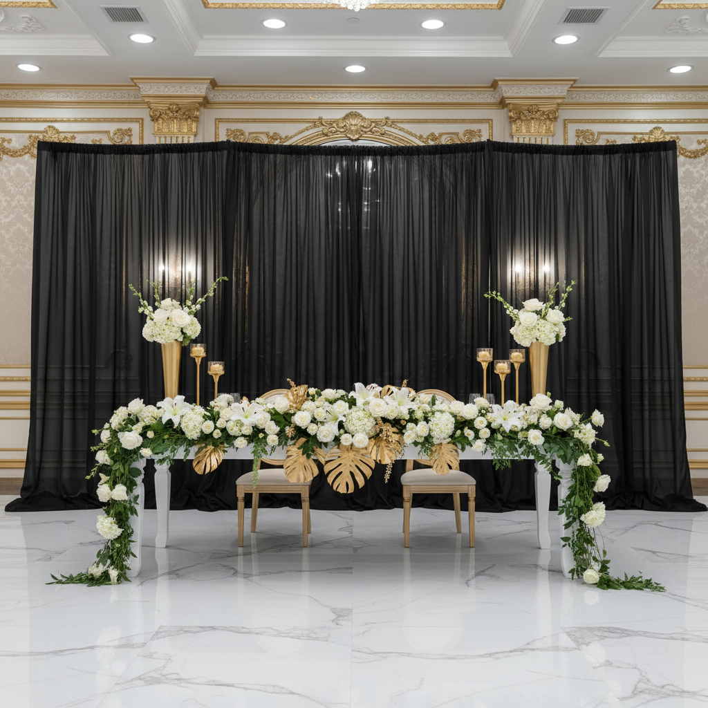 Sheer Voile Flame Retardant (FR) 12ft H x 118" W Drape/Backdrop Curtain Panel - Black | uprights | bases | crossbars |
