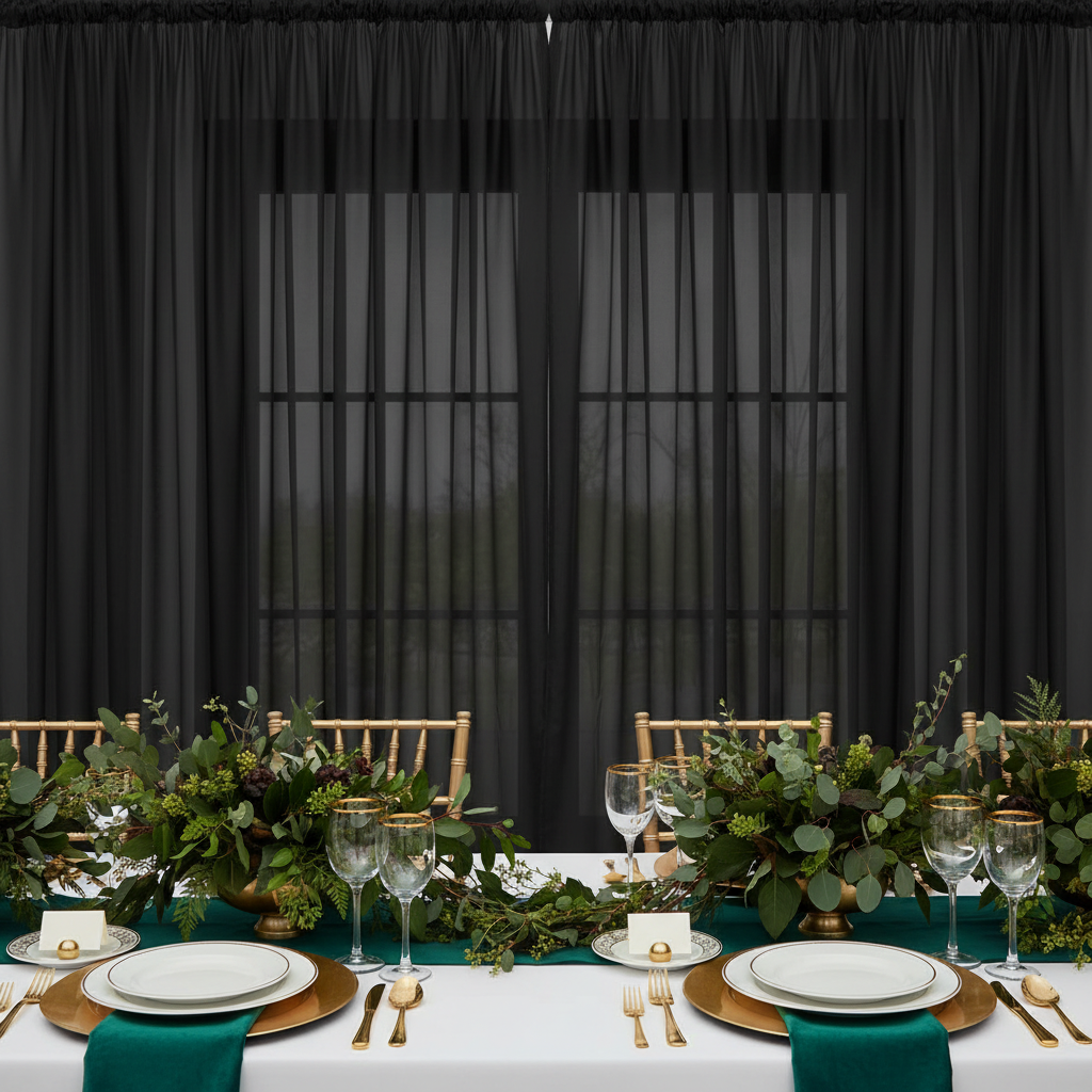 Sheer Voile Flame Retardant (FR) 12ft H x 118" W Drape/Backdrop Curtain Panel - Black | uprights | bases | crossbars |