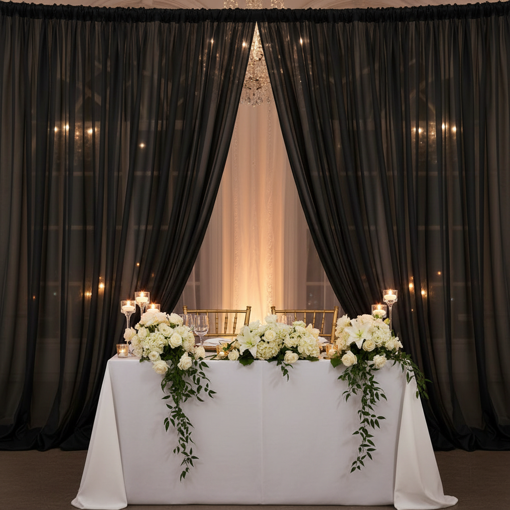 Sheer Voile Flame Retardant (FR) 12ft H x 118" W Drape/Backdrop Curtain Panel - Black | uprights | bases | crossbars |