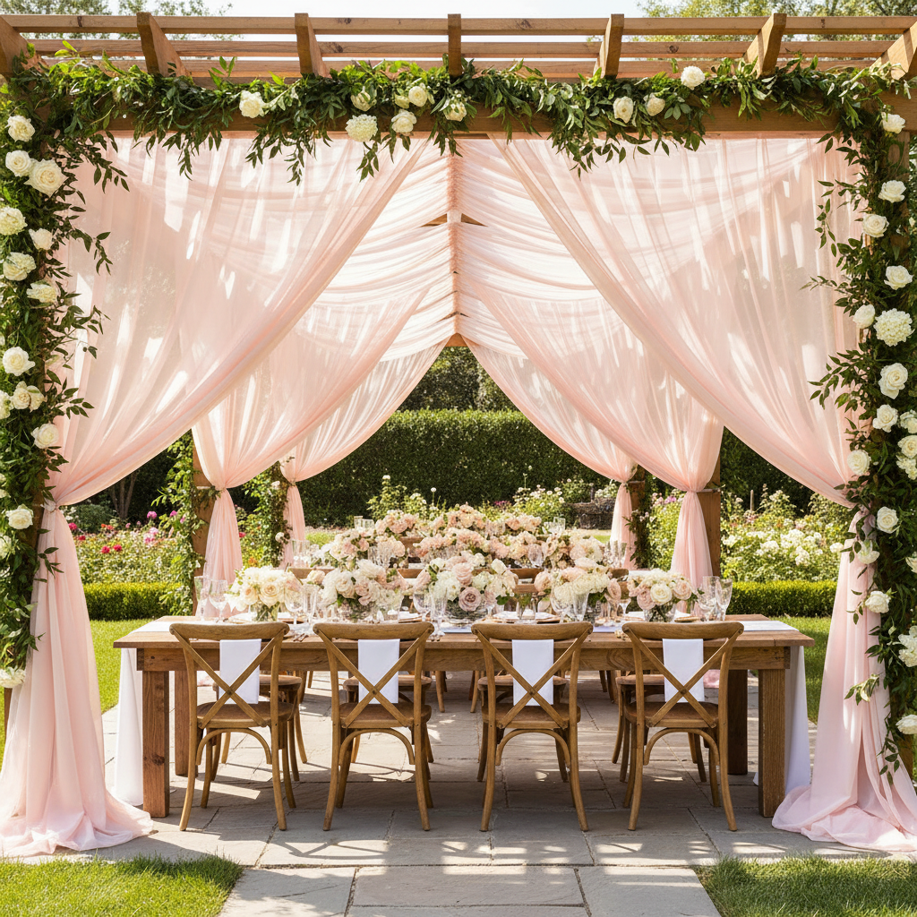 Sheer Voile Flame Retardant (FR) 12ft H x 118" W Drape/Backdrop Curtain Panel - Blush/Rose Gold with leaf vine premade runner | 