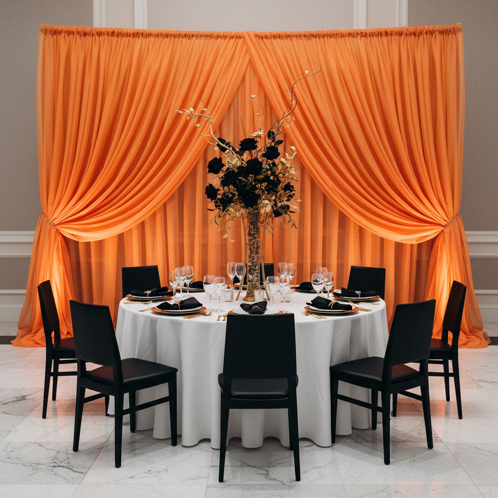 Sheer Voile Flame Retardant (FR) 12ft H x 118" W Drape/Backdrop Curtain Panel - Orange | uprights | bases | crossbar |